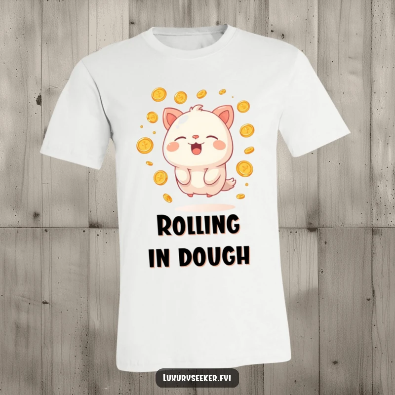 Funny t-shirt showcasing a happy creature sighing contentedly, surrounded by floating golden coins, a humorous statement of wealth and happiness.