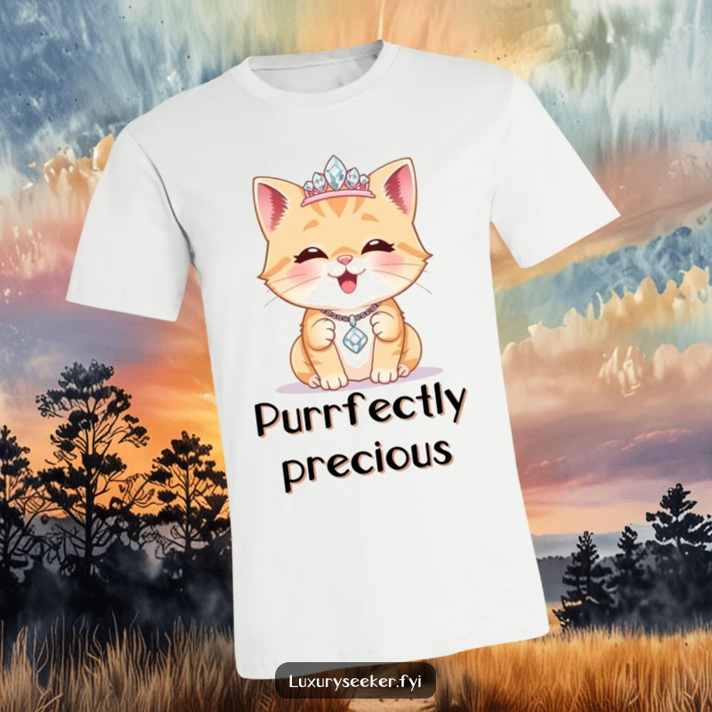 Funny T-Shirt: A delighted cat sports a tiny diamond tiara and admires a sparkling necklace, showcasing sophisticated, pampered feline style.