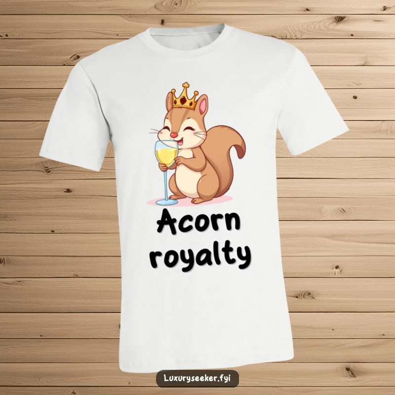 Funny T-Shirt: A happy squirrel wearing a small crown, toasting with a champagne flute.