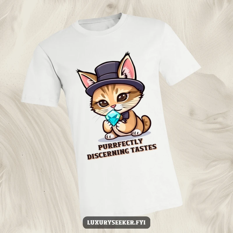 Funny t-shirt depicting a sophisticated cat in a miniature top hat, intently examining a sparkling gemstone with a curious expression.