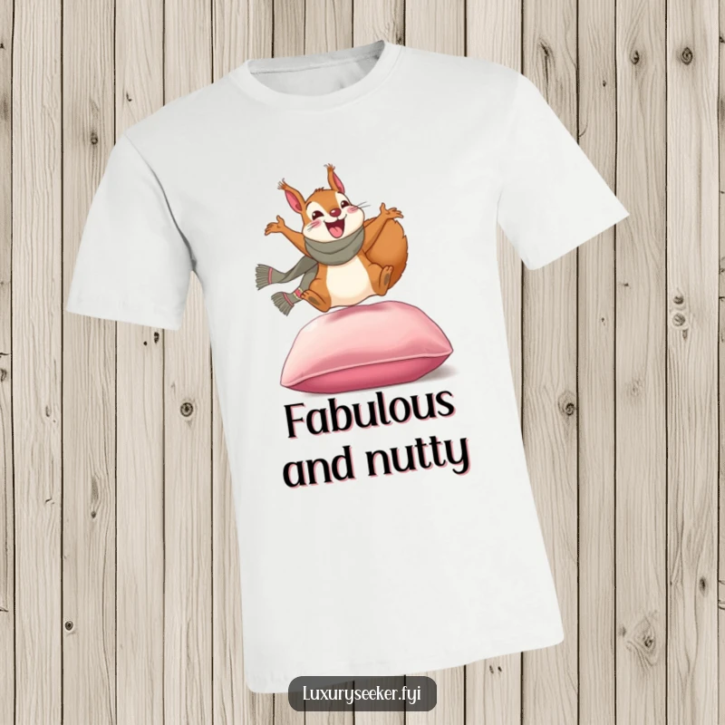 Funny t-shirt: An excited squirrel wearing a fancy scarf leaping exuberantly onto a soft velvet cushion, showing off its style.