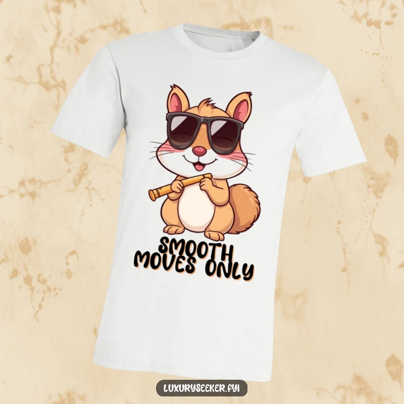 Funny squirrel in sunglasses sips from a tiny flute on a cool, comfortable t-shirt.