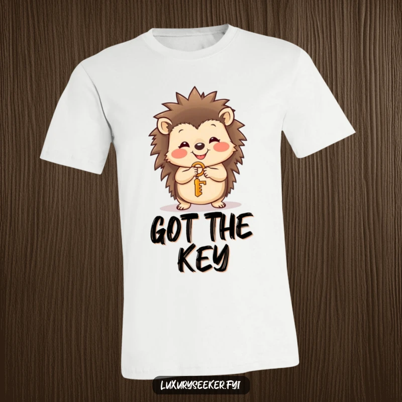 Funny hedgehog with a sweet smile holding a tiny golden key on a t-shirt, representing hope, a charming funny gift.