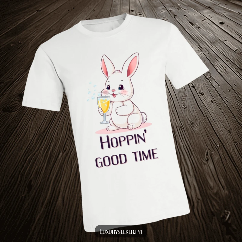 Funny t-shirt: A happy bunny holding a small champagne glass filled with bubbly, radiating fun and celebration.