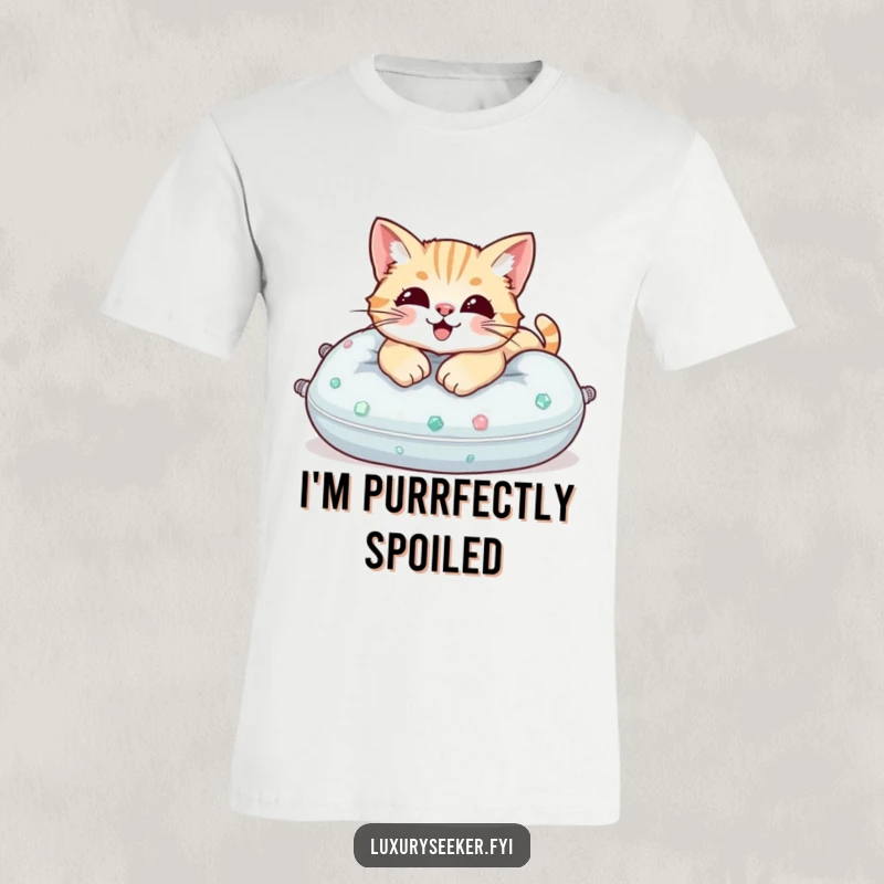 Funny T-Shirt: A happy cat relaxing elegantly on a plush pillow made entirely of glittering gemstones.