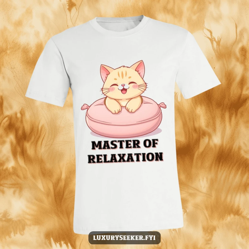 Funny T-Shirt depicting a happy cat lounging elegantly on a plush, miniature velvet cushion, radiating relaxation.