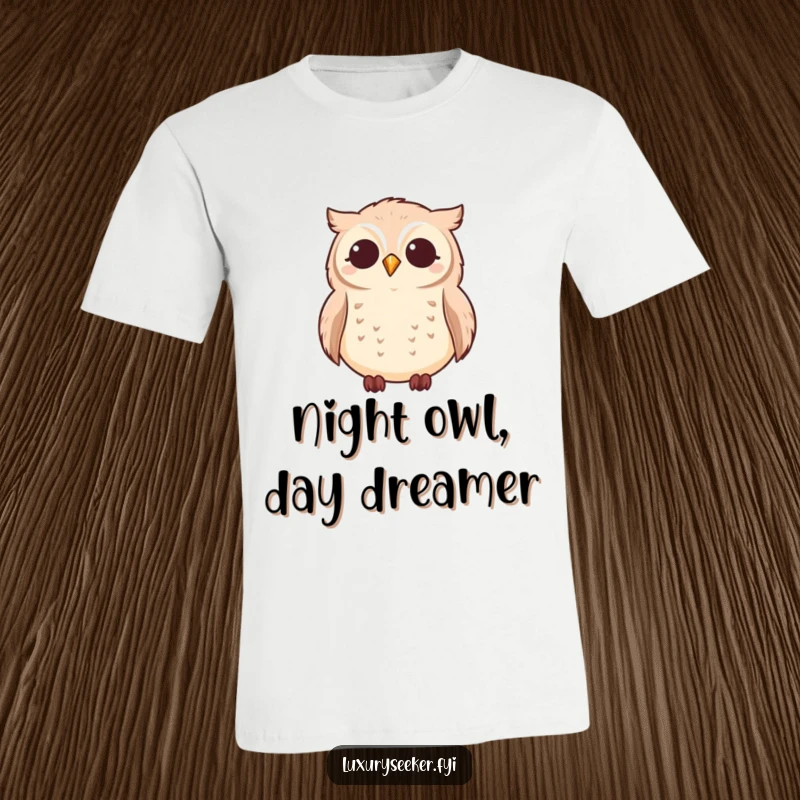 Funny owl gazing at tiny twinkling stars on a t-shirt, conveying peace and wonder, a perfect funny gift.