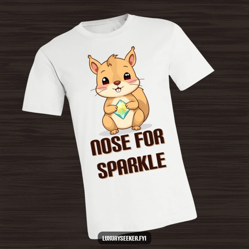 Funny Squirrel T-Shirt depicting a cheerful squirrel with a wide smile, expertly balancing a single, glistening, sparkly gemstone on its nose.