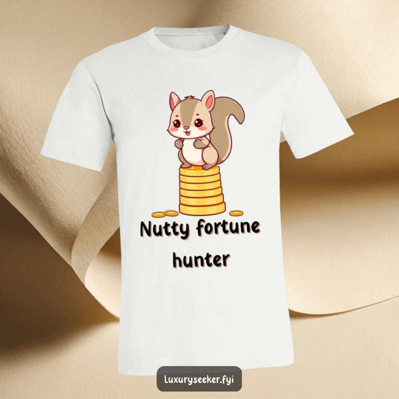 Funny squirrel t-shirt showing a mischievous character gleefully balancing on a huge pile of shimmering gold coins.