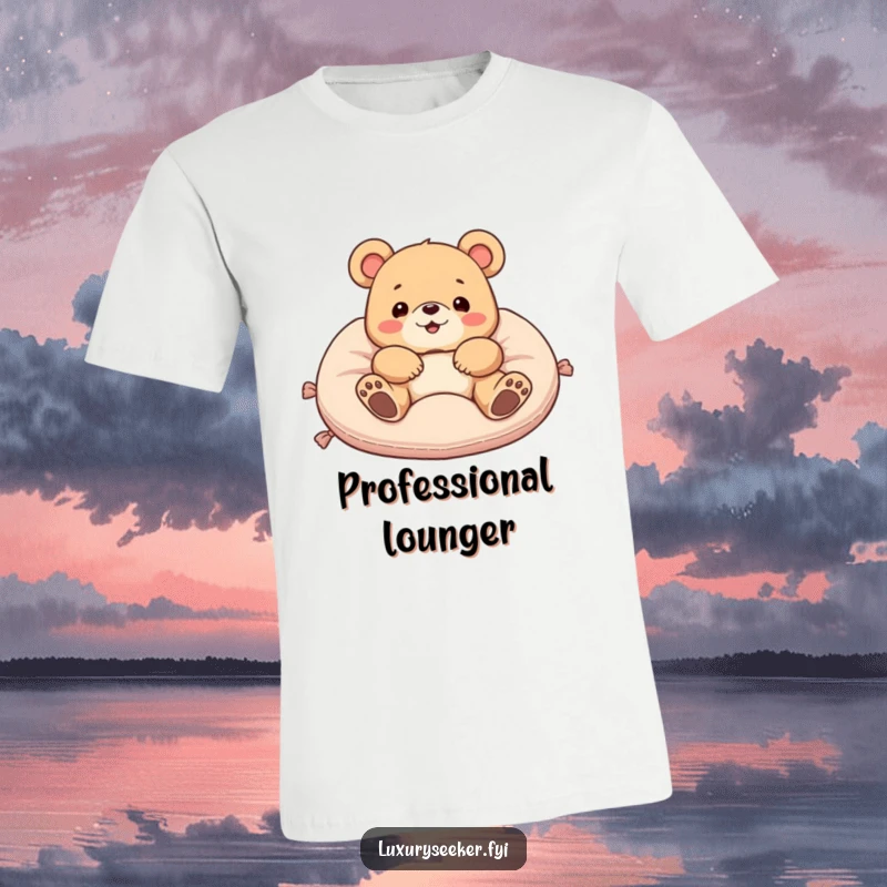 Funny t-shirt with a delighted bear enjoying a moment of pure luxury on a plush velvet cushion, exuding comfort and humor.