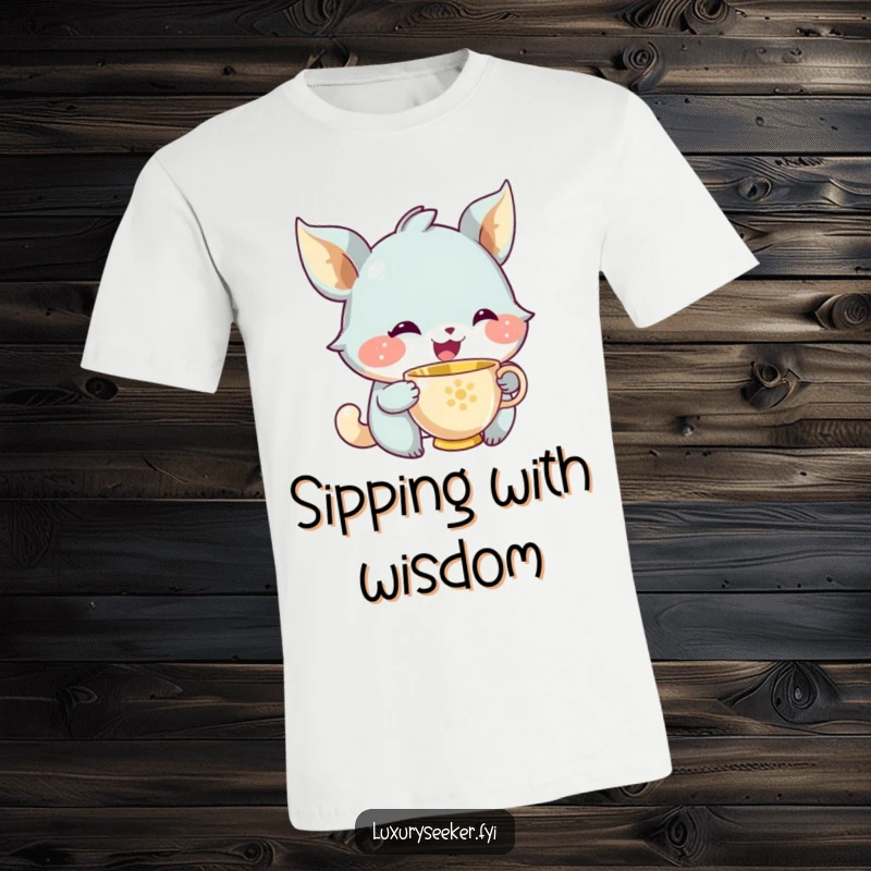 Funny t-shirt depicting a joyful creature with a knowing smile sipping from a tiny golden teacup, radiating calm and satisfaction.