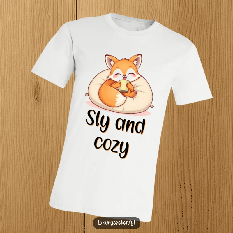 Funny T-Shirt: A joyful fox is depicted lounging luxuriously on a plush velvet pillow with a cup, exuding pure relaxation and contentment.