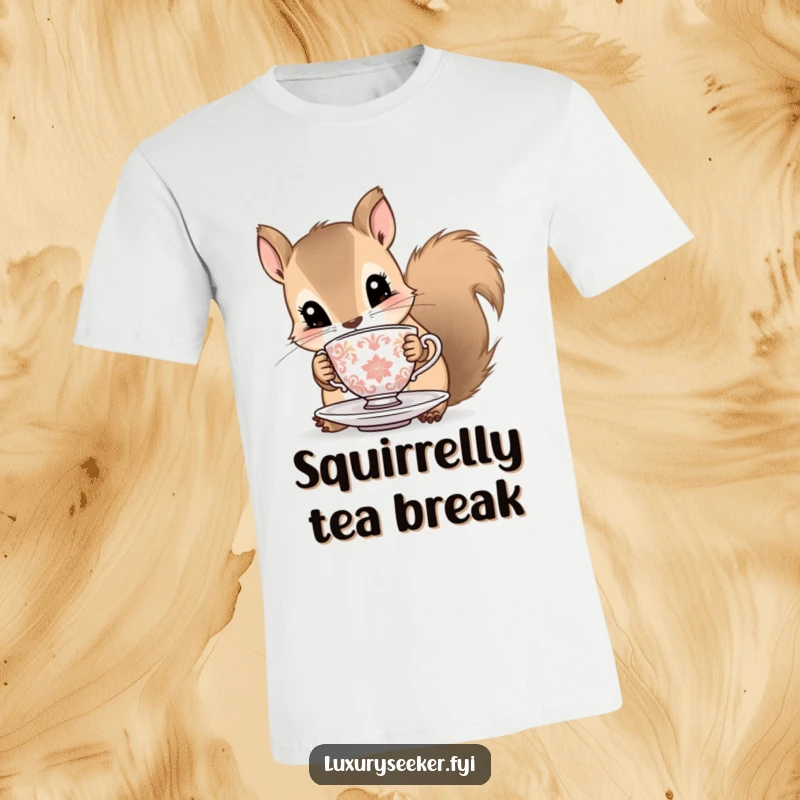 Funny squirrel t-shirt depicting a curious squirrel elegantly holding a miniature teacup and saucer, ideal for casual wear.