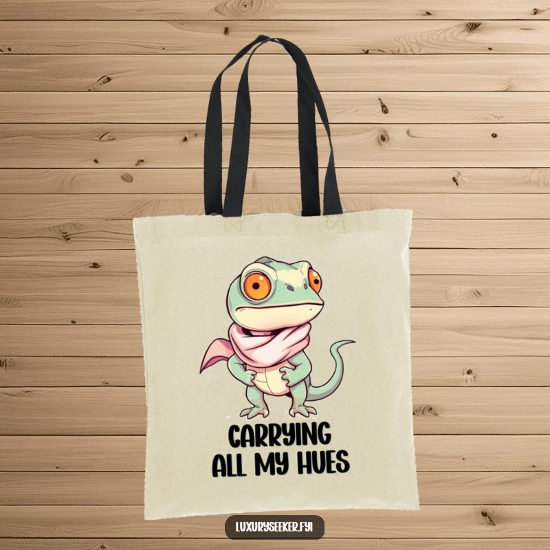 Funny chameleon elegantly draped in a silk scarf, carrying a stylish tote bag, perfect for a fashion-conscious funny gift.