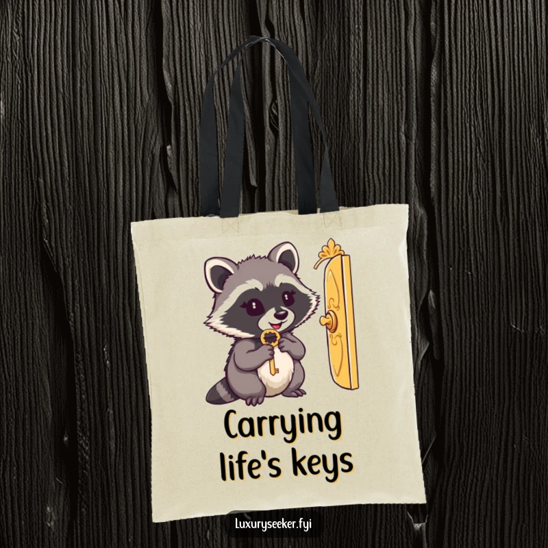 Funny tote bag: A content raccoon holds a small key, looking through a miniature ornate golden door, suggesting secrets.