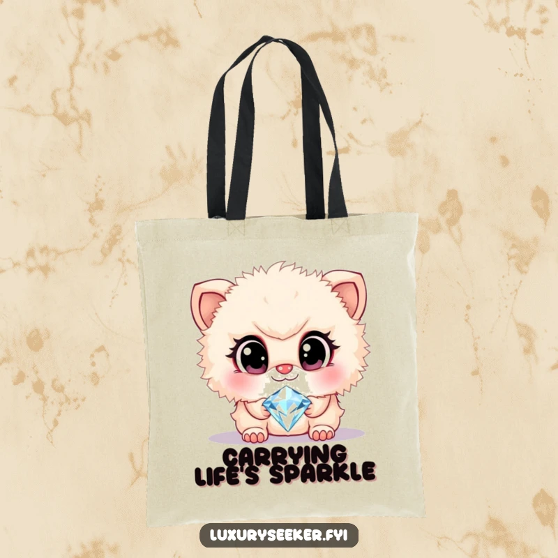Funny tote bag featuring a cute, fluffy creature with large, admiring eyes gazing longingly at a sparkling diamond necklace, expressing desire.