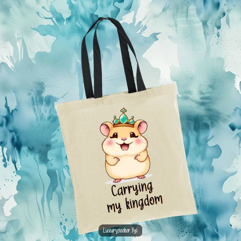 Funny tote bag: A giggling hamster wears a jeweled crown and strikes a regal pose, exuding tiny-king charm.