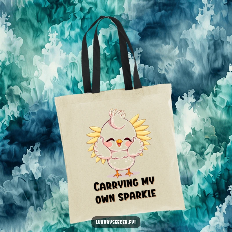 Funny Bird Tote Bag: A happy bird preens with a shower of golden feathers, making this a stylish and humorous carry-all.