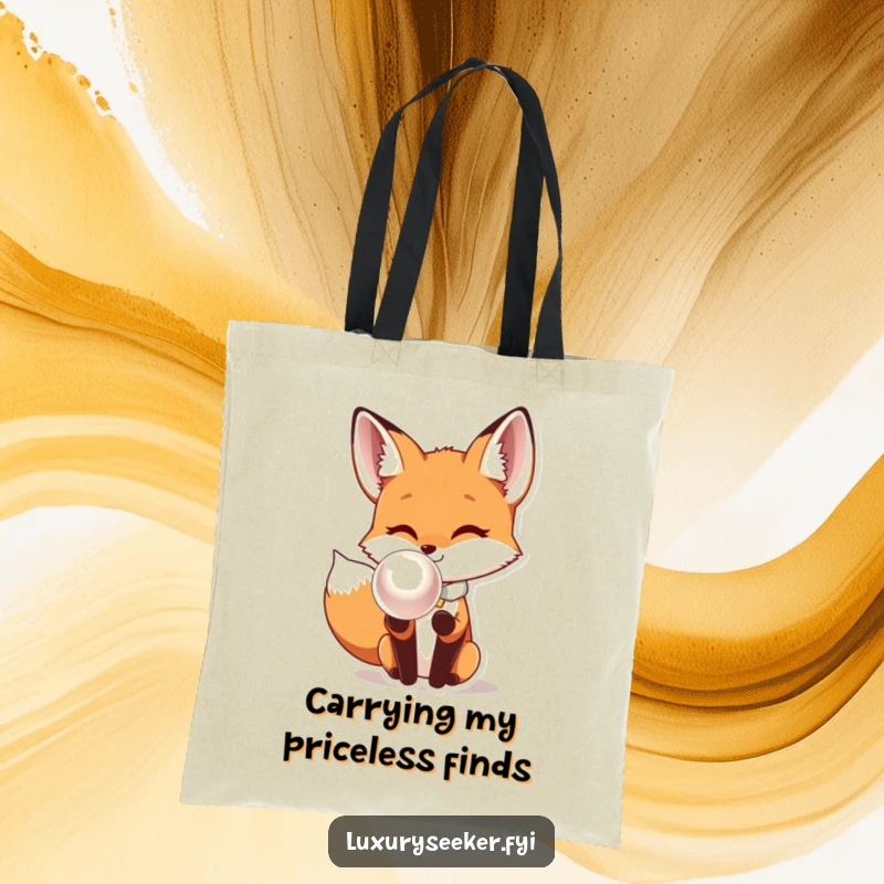 Funny Fox Tote Bag: A distinguished fox wearing a bow tie inspects a dazzling, oversized pearl, showcasing witty fashion.