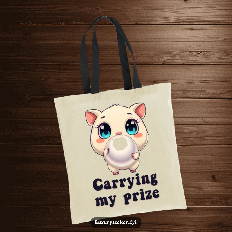 Funny tote bag illustrating a curious creature with wide eyes pointing at an oversized, shimmering pearl, perfect for carrying finds.