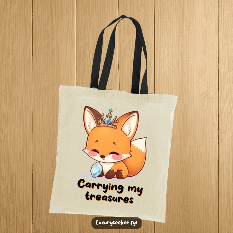 Funny Tote Bag showing a cheerful fox in a sparkly tiara, admiring a beautiful jewel, stylish and fun.
