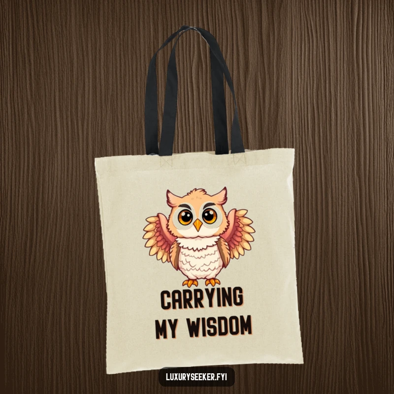 Funny tote bag with a joyful owl character wearing elegant feathered boas, perfect for carrying items with a touch of whimsy.
