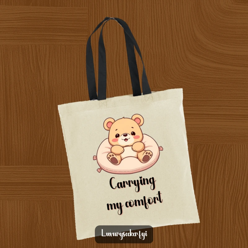Funny tote bag featuring a delighted bear lounging luxuriously on a velvet cushion, perfect for carrying essentials with humorous flair.