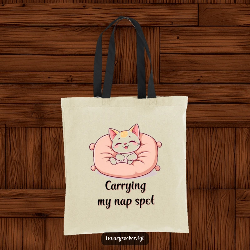 Funny tote bag featuring a happy cat character lounging on a plush, oversized velvet cushion, ideal for carrying essentials with feline grace.
