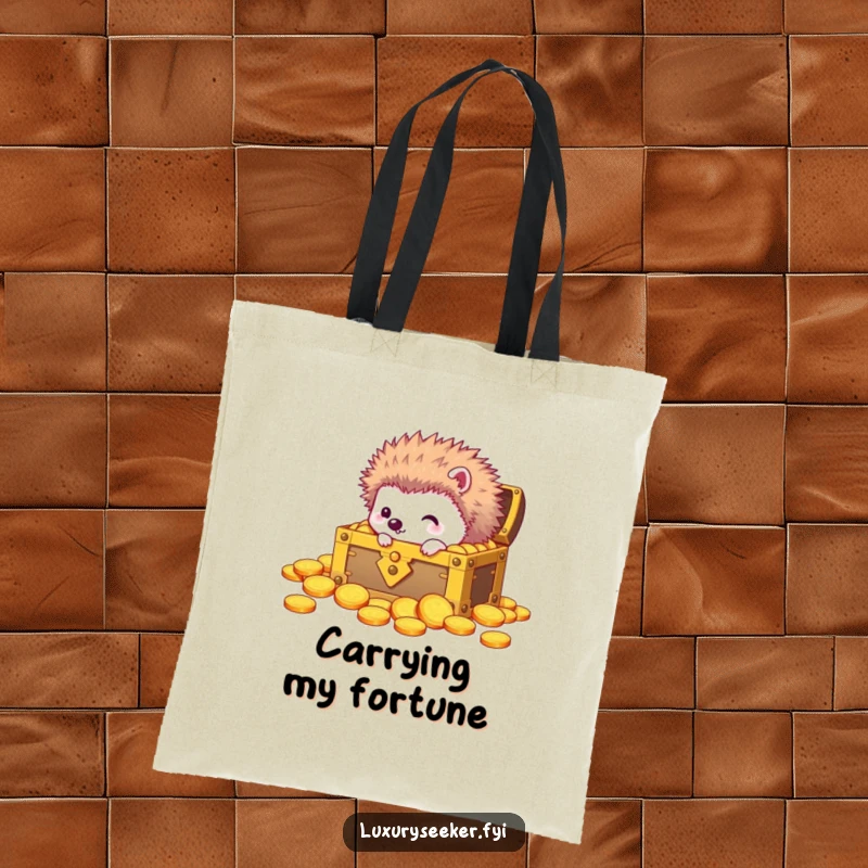 Funny tote bag featuring a curious hedgehog looking into a treasure chest filled with gold coins, perfect for carrying essentials.