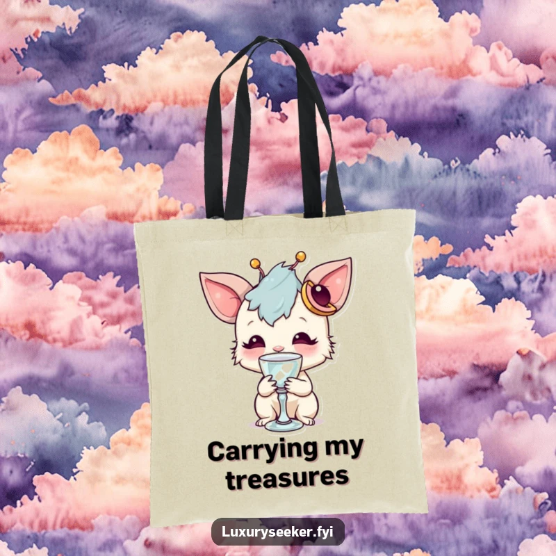 Funny tote bag showcasing a whimsical creature with a unique accessory sipping from a tiny crystal goblet, a humorous and stylish accessory.