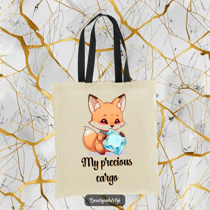 Funny tote bag with a curious fox character eying a large, sparkling diamond necklace, ready for a stylish, humorous adventure.