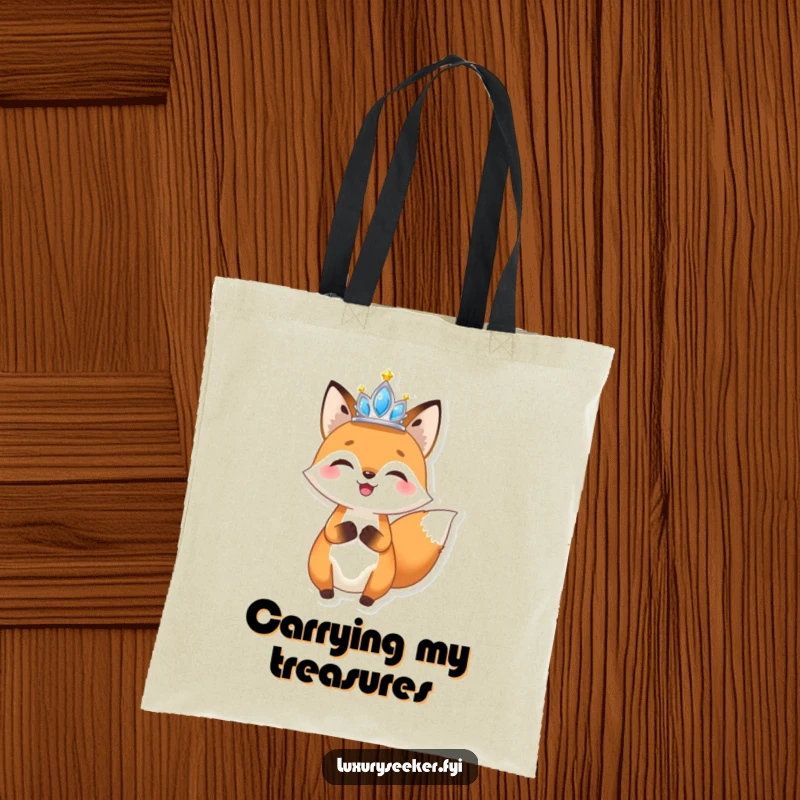Funny Fox Tiara Tote Bag: A spacious tote featuring a joyful fox holding a miniature, sparkling tiara aloft, perfect for carrying essentials with glamorous flair.
