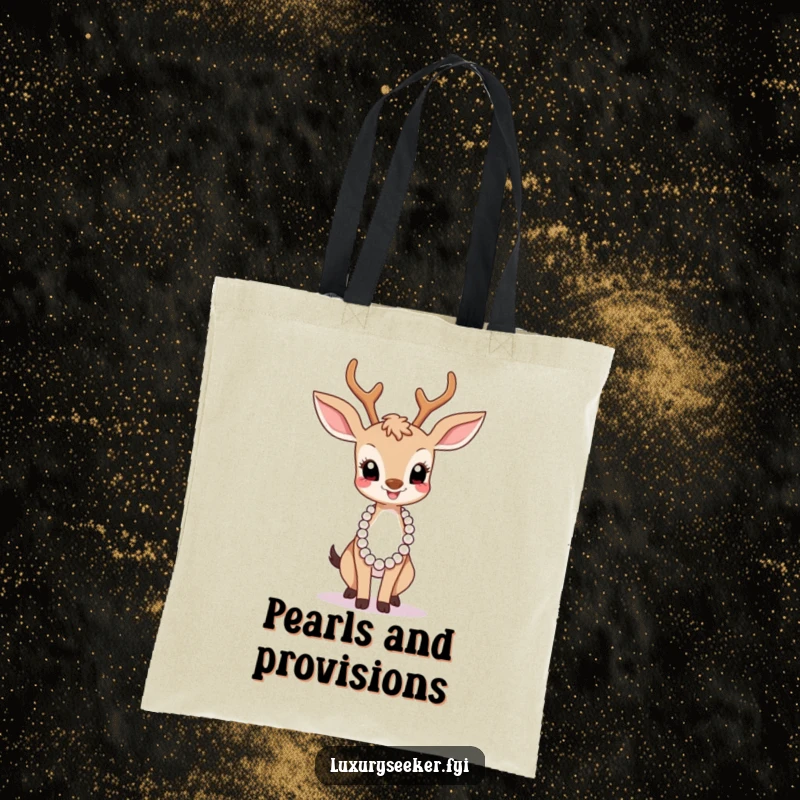 Funny Tote Bag: A graceful deer in a chic pose with a pearl necklace offers a stylish and humorous carry-all.