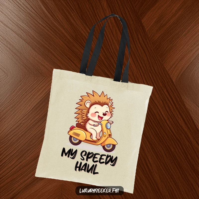 Funny Tote Bag: A joyful hedgehog rides a tiny golden scooter with a confident smile, a humorous and practical accessory for everyday.
