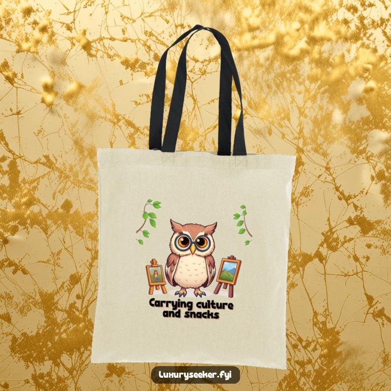 Funny tote bag with a monocled owl surveying a tiny art gallery, ideal for carrying books and essentials with cultured, humorous style.