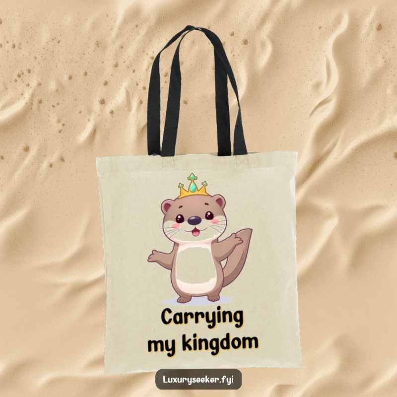 Funny tote bag with a playful otter proudly parading while sporting a tiny, jeweled tiara, exuding charm.