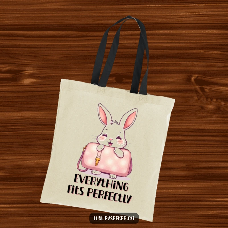 Funny Tote Bag showing a delighted rabbit examining a shimmering, oversized handbag, ideal for shopping trips.