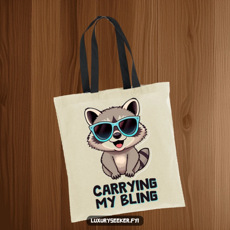 Funny Raccoon Tote Bag featuring a happy raccoon with large, sparkling diamond sunglasses, ready for any adventure, great funny gift.