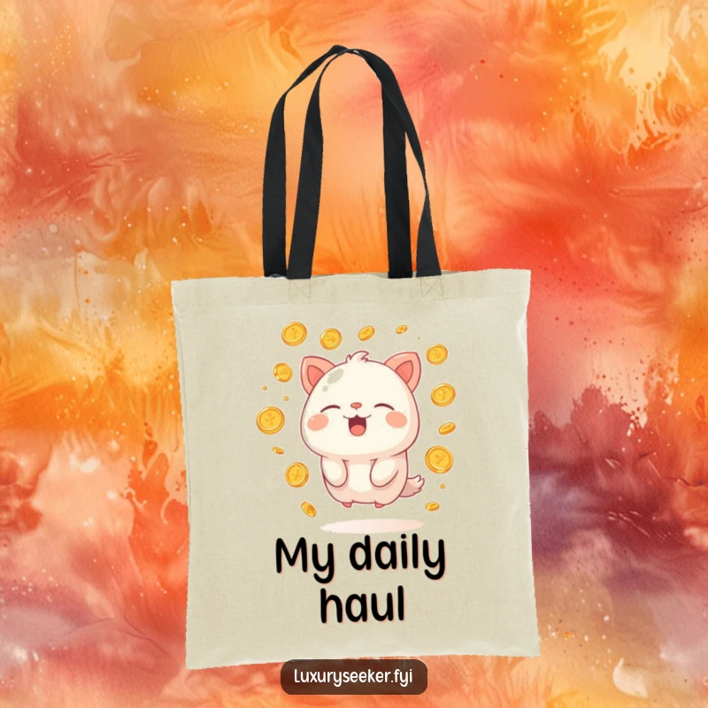 Funny tote bag showcasing a happy creature sighing contentedly, surrounded by floating golden coins, a humorous and practical accessory for the wealthy.