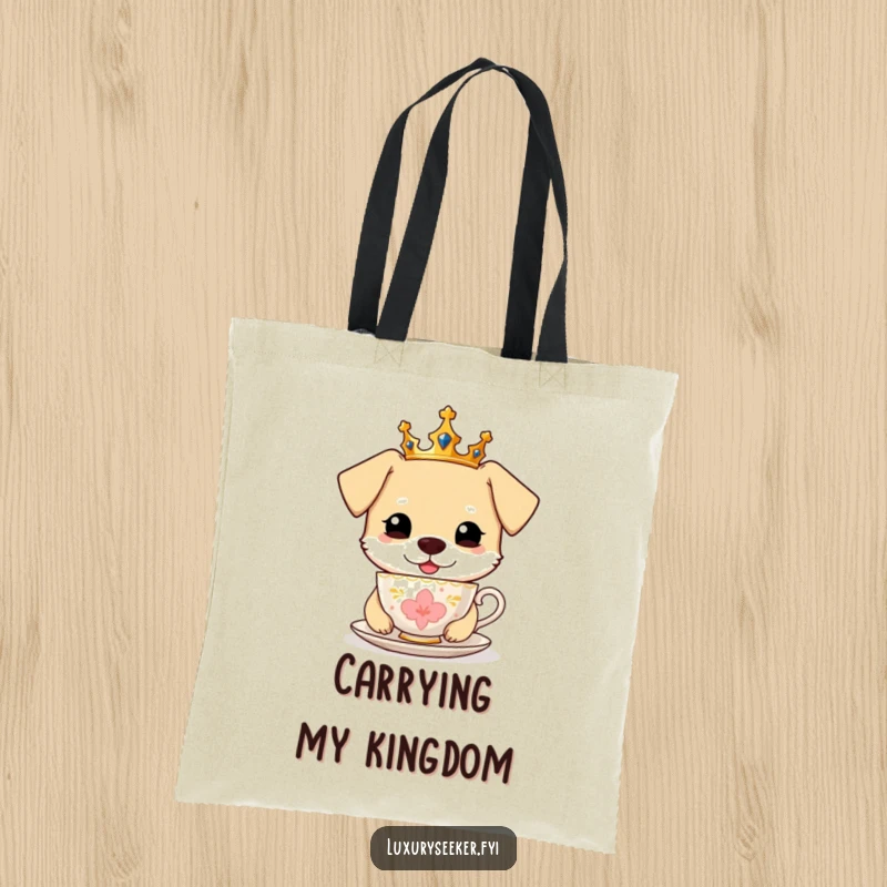 Funny Tote Bag: A cheerful dog wearing a tiny crown, sipping from a golden teacup.