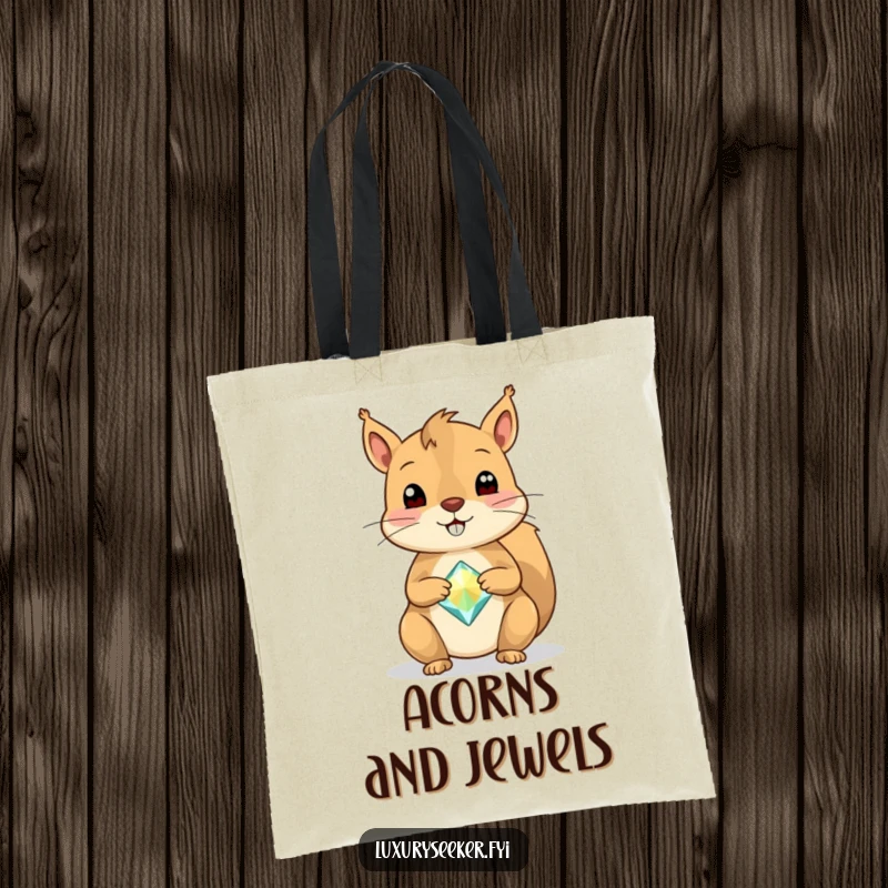 Funny Squirrel Tote Bag with a cheerful squirrel balancing a single, sparkly gemstone on its nose, a charming and practical accessory.