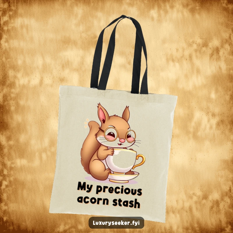 Funny tote bag with a cheerful squirrel wearing a tiny monocle, delicately sipping from a miniature golden teacup, perfect for elegant carrying.