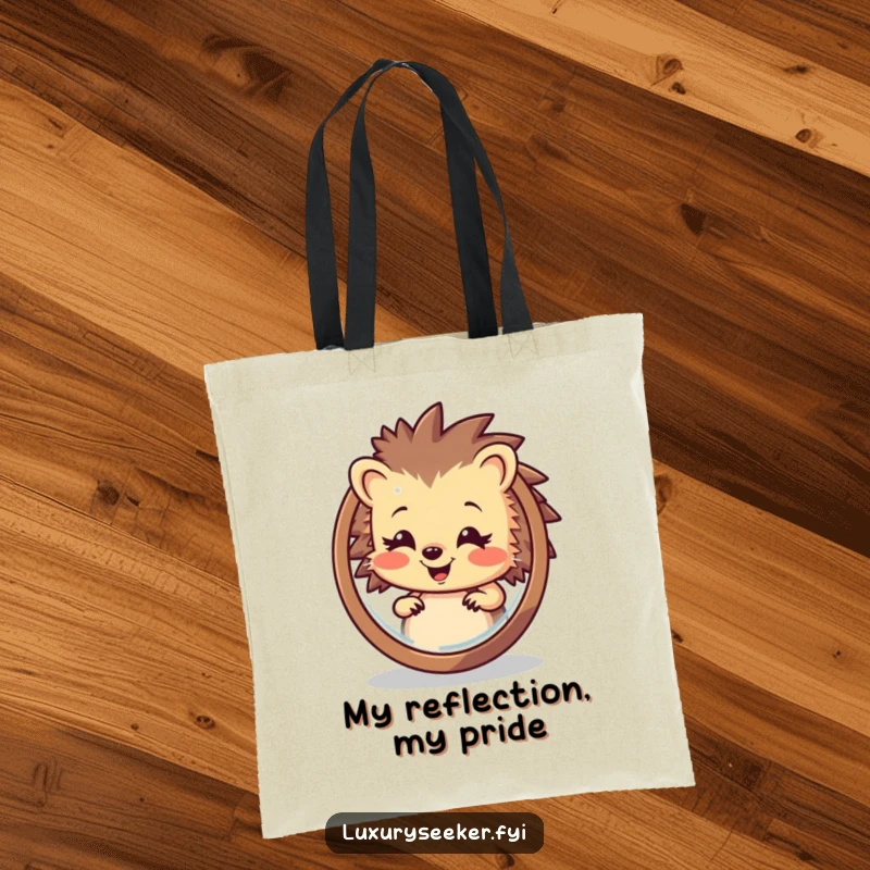 Funny Hedgehog Tote Bag: A happy hedgehog admires its reflection in a mirror, showcasing a funny and stylish accessory for everyday use.