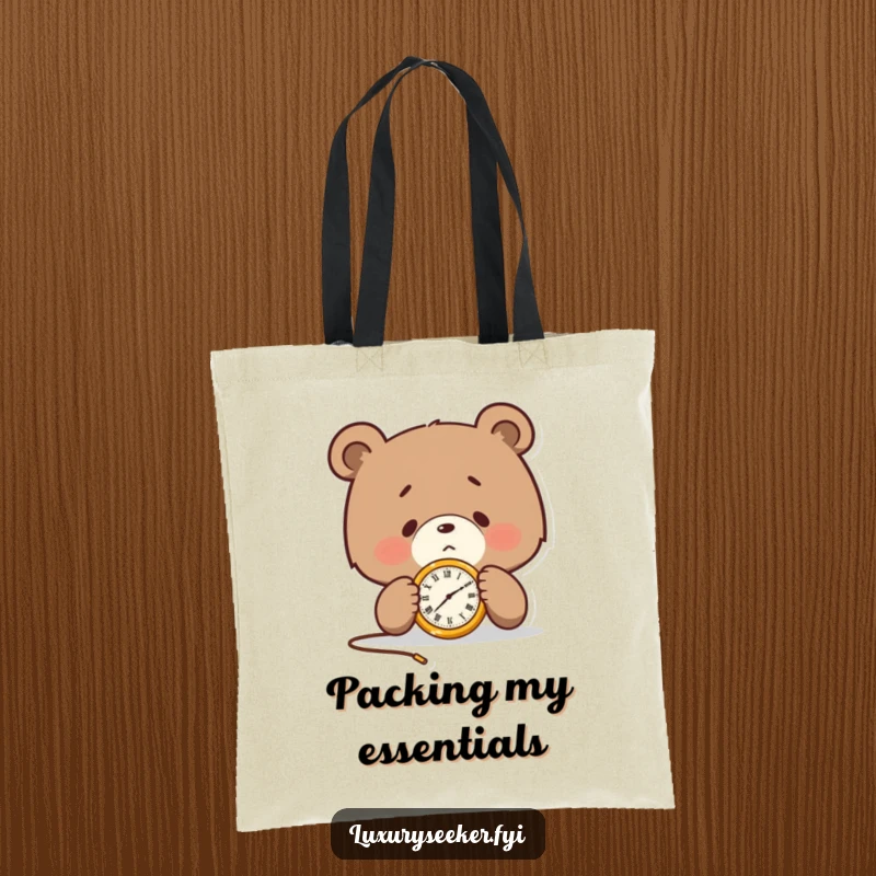 Funny tote bag with a determined bear character examining a tiny golden pocket watch, perfect for carrying essentials with punctuality.